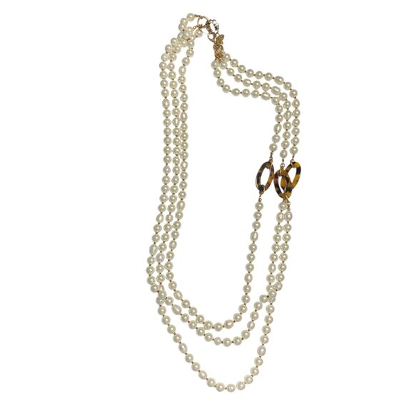 New Chico's Multistrand Fashion Pearl Bead White‎ Tortoise Opera Length Necklace
